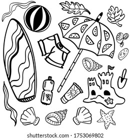 set of vector illustration  summer doodle staff  with surfboard. summer time. Travel illustrations.