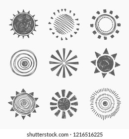 Set of vector illustration sun. Hand drawn image. Season.