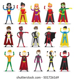 Set of  vector illustration of a superhero. Children dressed as superheroes illustrations