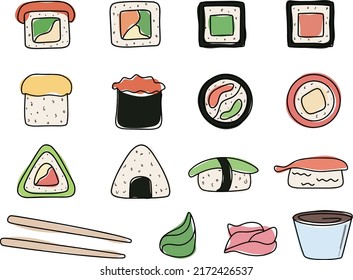 Set of vector illustration of sushi. Colored doodle sushi for print, pattern, restaurants and cafes of Japanese cuisine. Original and minimalist Japanese food design. Rolls, soy sauce, ginger, wasabi.