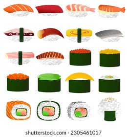 Set of vector illustration of sushi and sashimi. Asian food sushi. Sushi illustration with trout fish, salmon in trendy minimalism style.