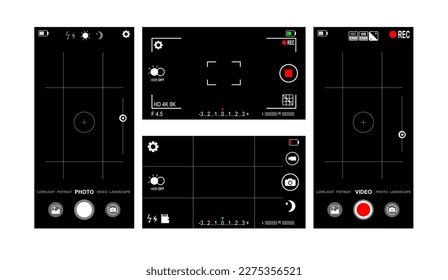 Conjunto de símbolos de ilustración vectorial de la vista interna de teléfono móvil sobre tecnología de cámara fotográfica y de vídeo, diseño plano en blanco y rojo negro. Eps 10
