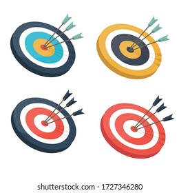 Set of Vector illustration, Target with an arrow, hit the target, goal achievement. Flat cartoon isolated vector object illustration.