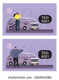 Set von Vektorgrafik von Taxifahrer mit flachem Charakter mit einer Telefonanwendung, um ein Auto zu bestellen. Werbung für Frachttaxi.
