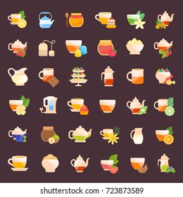 Set vector illustration of tea ceremony. Flat elements on white background.