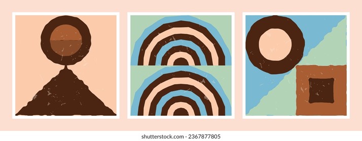 Conjunto de plantillas de ilustraciones vectoriales, minimalistas y abstractas con formas básicas, para arte de pared, afiche, cubierta o tarjeta.