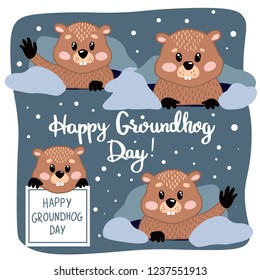 Set Vector illustration with text Happy Groundhog Day design with cute groundhog.  Set Cute Marmot Character - Set Advertising Poster or Flyer Template with groundhog, Flat vector illustration