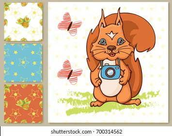 Set vector illustration and three patterns. Drawing cartoon cute squirrel photographer with camera. Can be used for baby sticker and print design, t-shirt print, poster, banner and invitation.