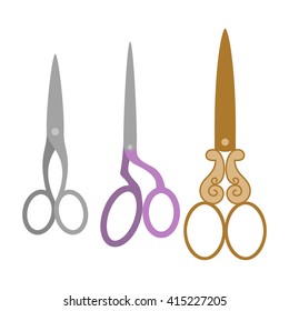 Set of vector illustration of three scissors on white background. Icon for design sewing, hairdresser, school supplies, stationery. 