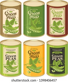 Set of vector illustration of tin cans with various labels for canned green pea decorated by realistic pea pods, tendrils, leaves and inscriptions
