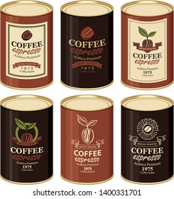 Set of vector illustration of tin cans with various labels for coffee decorated by coffee beans and inscriptions