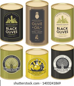 Set of vector illustration of tin cans with various labels for olive oil and canned black and green olives