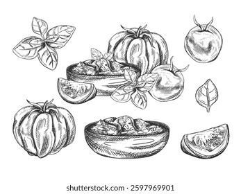 Set of vector illustration of tomato, basil, wooden dish with sauce. Organic fresh vegetables, healthy harvest. Ingredients, farming products. Hand drawn, line art style by black, isolated background