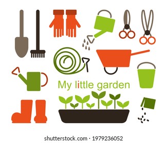 Set of vector illustration of tools and plants growing. Garden scissors, gloves, boots, watering hose, wheelbarrow and shovel, rake.