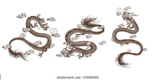 Set vector illustration Traditional Chinese dragon  background. Isolated object.Template design.