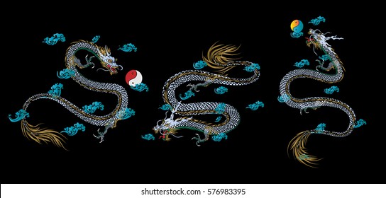 Set vector illustration Traditional Chinese dragon  background. Isolated object.Template design.