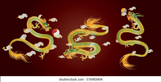 Set vector illustration Traditional Chinese dragon  background. Isolated object.Template design.