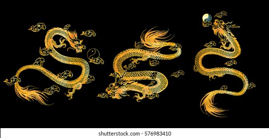 Set vector illustration Traditional Chinese dragon  background. Isolated object.Template design.