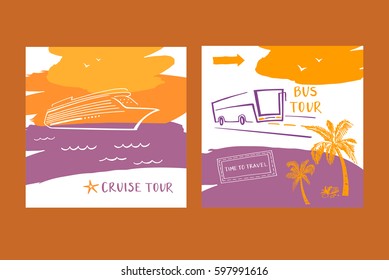 Set of vector illustration for travel cruise tour. Image of hand drawn palm and sea view. Liner ship and bus. 