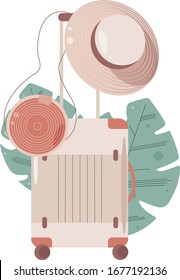 set of vector illustration travel suitcase, straw hat, handbag,  and monstera leaves