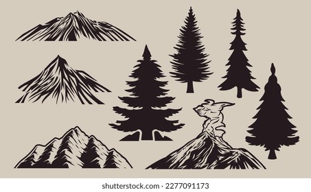 Set Vektorgrafik-Bäume und Berge, Vulkan auf hellem Hintergrund 