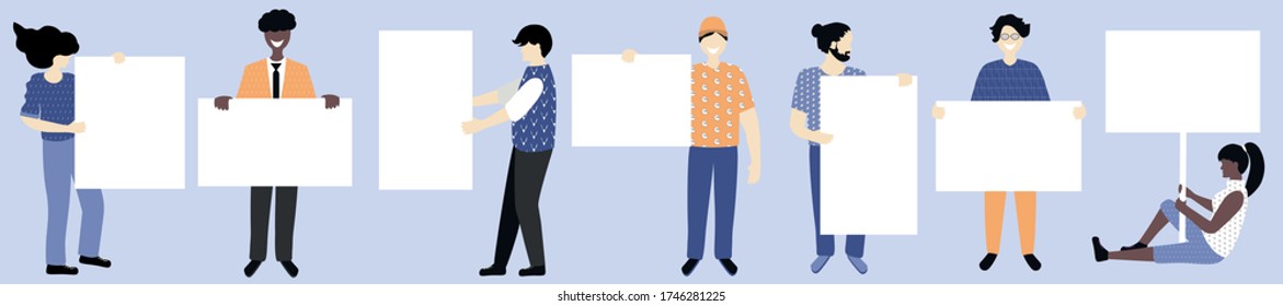 Set vector illustration. Trendy white and afro american people holding message boards, empty placard with place for text. Fashion cartoon young people holding clean empty board banners