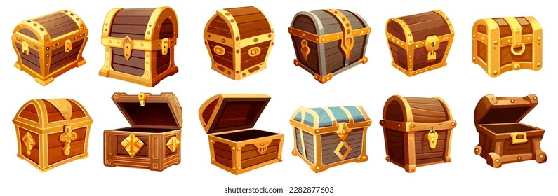 set vector illustration of ui treasure chest with gold precious stone isolated on white background