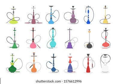 Set of vector illustration of various hookah. Collection of colorfull hookahs for smoking. Lounge bar or smoke dhop decorative element