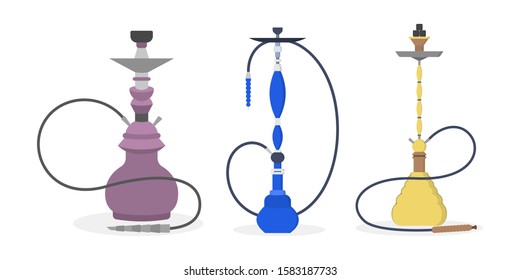 Set of vector illustration of various hookah. Collection of colorfull hookahs for smoking. Lounge bar or smoke dhop decorative element
