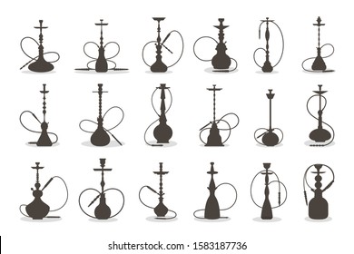 Set of vector illustration of various hookah. Collection of black hookahs silhouette for smoking. Lounge bar or smoke dhop decorative element