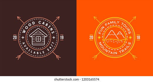 Set of Vector illustration Vintage logo with Wooden cabin. Moutains Sign. Retro print design, stamp. T-shirts, Poster Design.