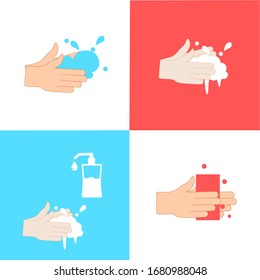 Set of vector illustration of washing hands. Washing hands with soap vector sign
