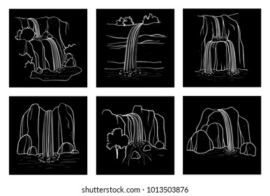 Set of vector illustration of waterfall. Water stream falling of mountain rock. Isolated outline hand drawn object. Logo, design element.