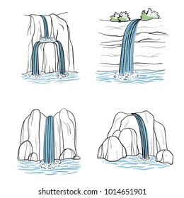 Set of vector illustration of waterfall. Water stream falling of mountain rock. Isolated outline hand drawn object. Logo, design element.