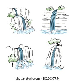 Set of vector illustration of waterfall. Water stream falling of mountain rock. Isolated outline hand drawn object. Logo, design element.