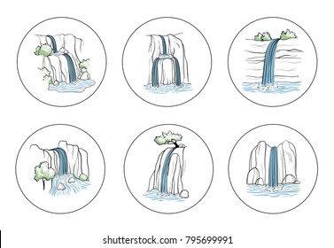 Set of vector illustration of waterfall. Water stream falling of mountain rock. Isolated outline hand drawn object. Logo, design element.