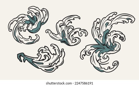 Set of vector illustration waves in traditoinal Japane style.