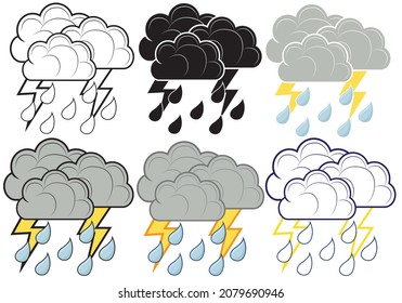 Set of Vector illustration of weather storm, symbol of rain - weather and lightning icon.