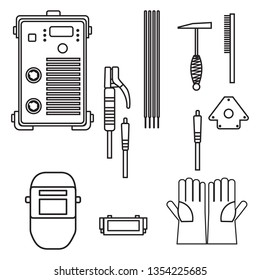 set of vector illustration welding arc equipment machine glove helmet holder hammer for industrial construction and metal working flat silhouette design style