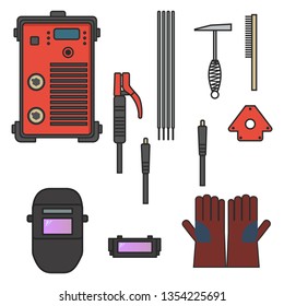 set of vector illustration welding arc equipment machine glove helmet holder hammer for industrial construction and metal working flat design style
