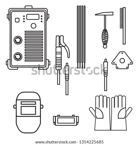 set of vector illustration welding arc equipment machine glove helmet holder hammer for industrial construction and metal working flat silhouette design style