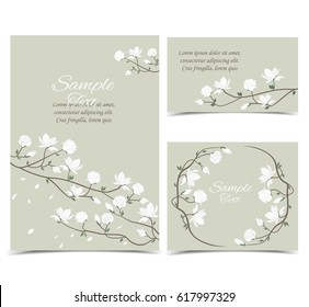 Set vector illustration white flowers on the card. White spring magnolia flowers branch