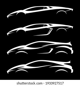 Set of vector illustration white silhouette super car on black background. 