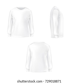 Set of vector illustration of a white T-shirt with long sleeves front, side and back view isolated on white background.