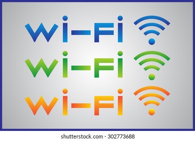 Set of vector illustration of wi-fi sign. Three different colors and text.