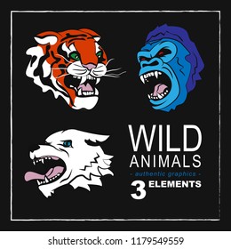 Set with vector illustration Wild African Animal, authentic graphics, angry and beautifull. Wildlife.