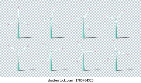 Set of vector illustration. Windmills with shadow. Wind turbines with changing angle rotation. Symbol of ecological power. Alternative energy resources. For design landscapes, games, infographics, etc