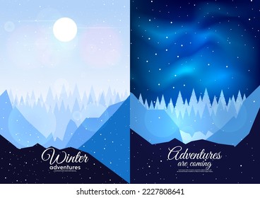 Set of vector illustration. Winter day with sun on blue background. Hills and forest. Night with beautiful aurora. Design for poster, book, banner, postcard, greeting card.