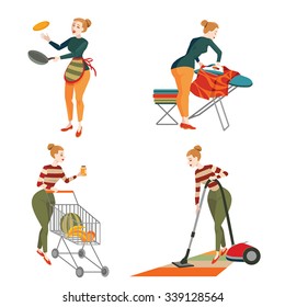 set of vector illustration of a woman engaged in housework and shopping in cartoon style