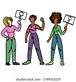 Set von Vektorgrafik mit Frauen protestieren. Feminismus. weibliche Charaktere. Schwarz-Weiß-Frauen